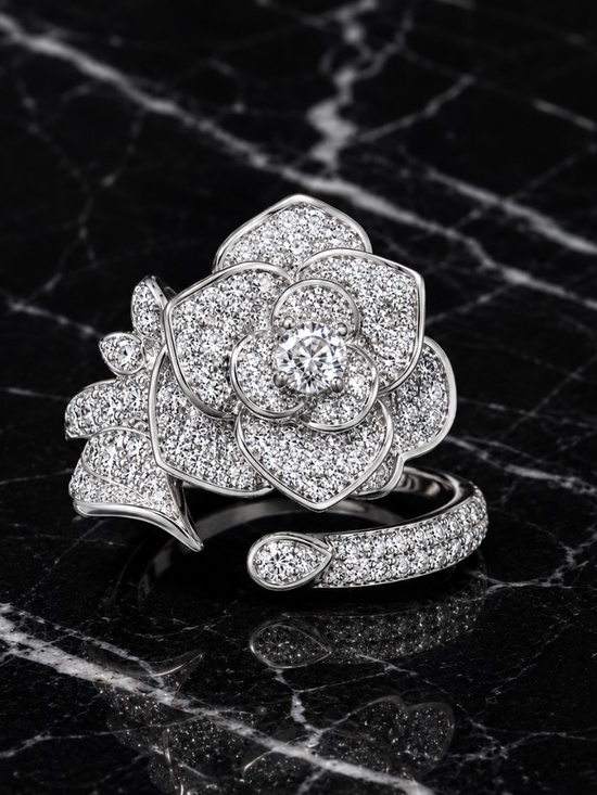Anthropologie Jewelry - Silver Crystal Rose Statement Ring | Luxe Floral Cocktail Ring | Sparkling Rhine
